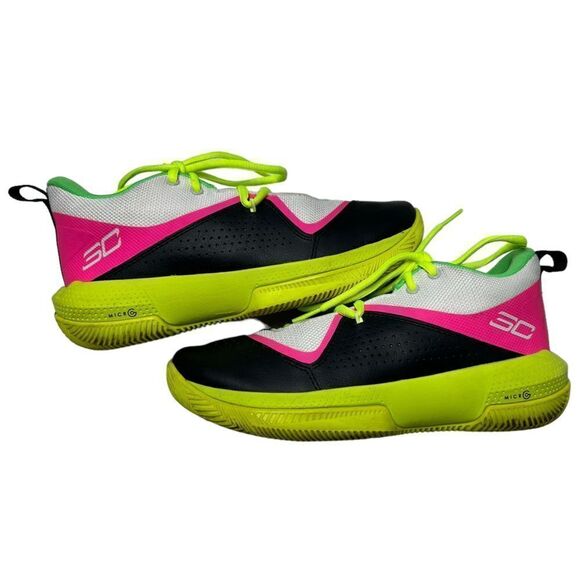 Under Armour Bright Green Pink Sneakers SC 3ZERO 4 Chunky Trainers Size 5Y - Picture 1 of 8